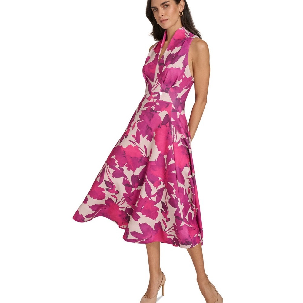 Calvin Klein Pink and White Floral Midi Dress